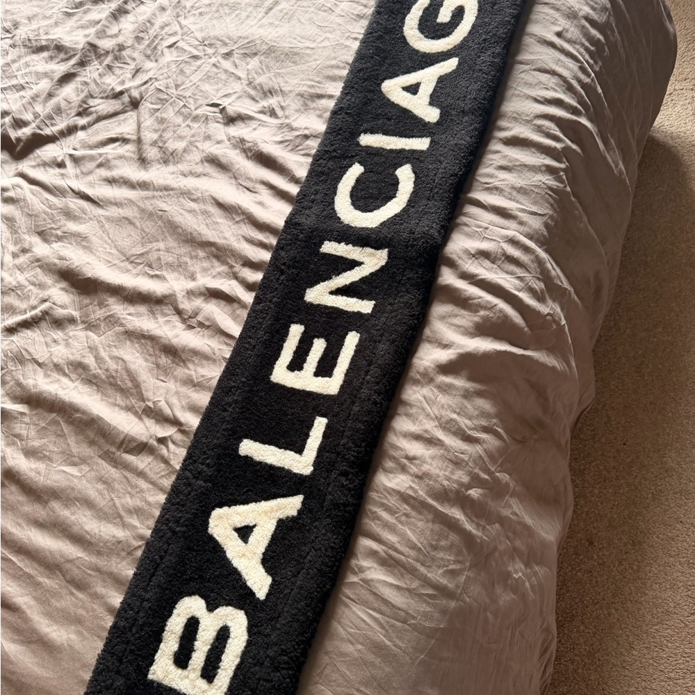 Balenciaga Black Shearling Scarf with Cream Logo